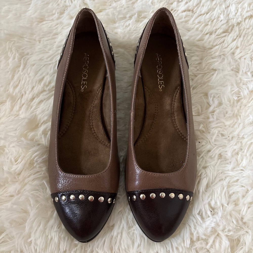 Aerosoles Brown Two Tone Studded Cap Toe Flats Pointed Toe Shoes Womens 8